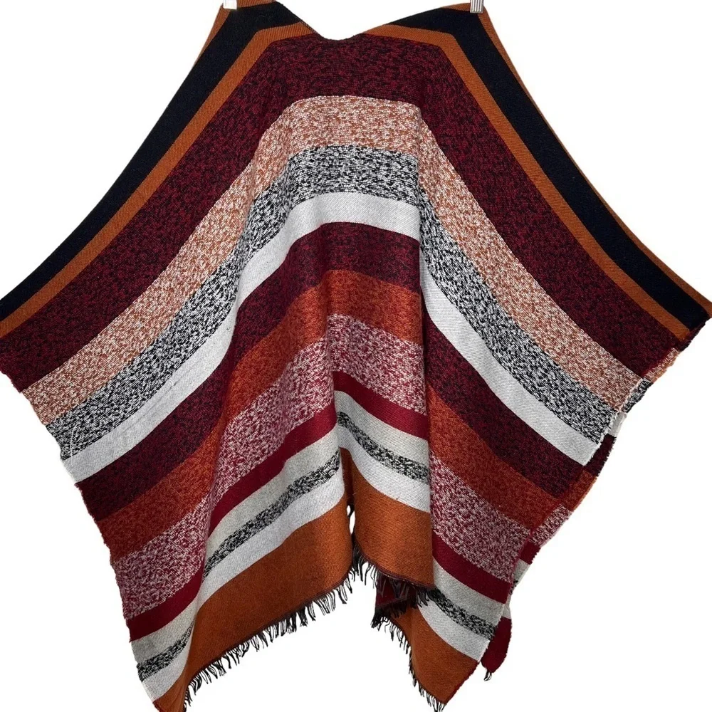 Andrew Mark Aztec Print Large Fringe Shawl Cape Wrap Autumn Colors Stripes Scarf